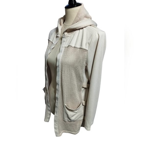 (1560) Coco Y Club Beige Mesh Pockets  Open Front Hooded  Jacket Size Medium - Picture 6 of 10